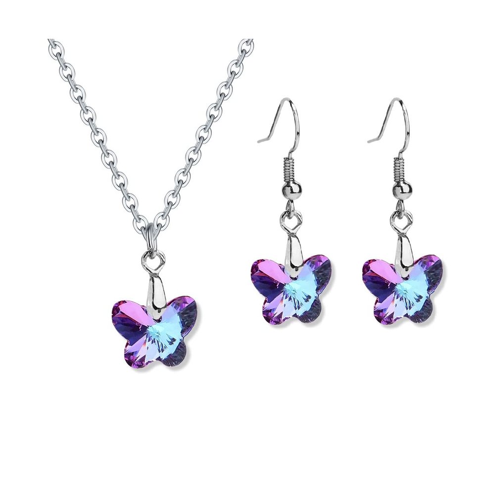 Caiyao Colorful Crystal Butterfly Star Shell Heart Shape Pendant Necklace Earrings Set Stainless Purple & Yellow Shining Rhinestone Jewelry for Women Gifts-Butterfly Set