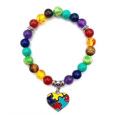 Caiyao Autism Awareness Bracelet Heart Cross Ribbon Disc Puzzle Piece Autism Autistic Bracelet 7 Chakra Beaded Elastic Bracelet Autism Jewelry Bracelet-Heart