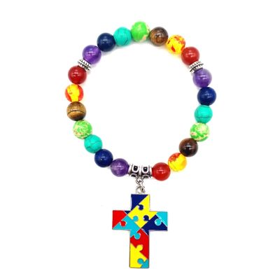 Caiyao Autism Awareness Bracelet Heart Cross Ribbon Disc Puzzle Piece Autism Autistic Bracelet 7 Chakra Beaded Elastic Bracelet Autism Jewelry Bracelet-Cross