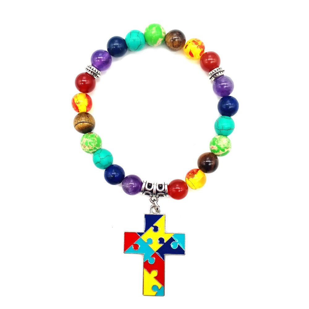 Caiyao Autism Awareness Bracelet Heart Cross Ribbon Disc Puzzle Piece Autism Autistic Bracelet 7 Chakra Beaded Elastic Bracelet Autism Jewelry Bracelet-Cross