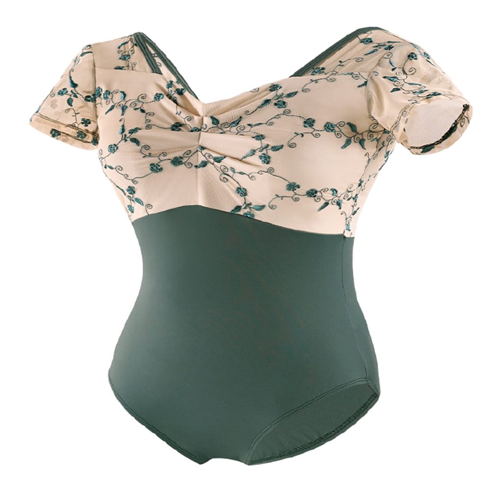 Phoeswan Ballet Leotards for Women, Embroidery Mesh Splice Women's Dance Leotard with Chest shirring for Ballet, Yoga, Gymnastics Practice, U Shape Backless Leotard, Iris Green Size Medium