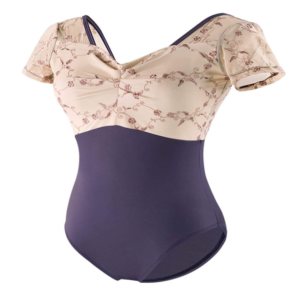 Phoeswan Ballet Leotards for Women, Embroidery Mesh Splice Women's Dance Leotard with Chest shirring for Ballet, Yoga, Gymnastics Practice, U Shape Backless Leotard, Iris Purple Size X-Large