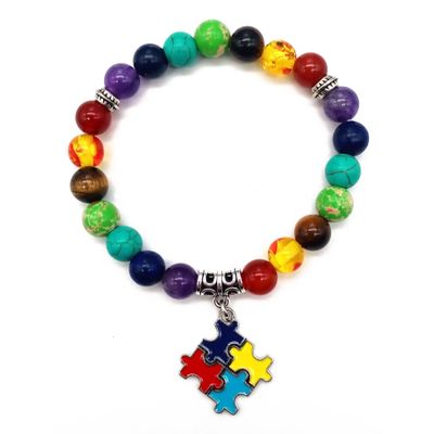 Caiyao Autism Awareness Bracelet Heart Cross Ribbon Disc Puzzle Piece Autism Autistic Bracelet 7 Chakra Beaded Elastic Bracelet Autism Jewelry Bracelet-Puzzle