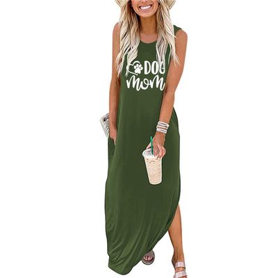 ADANTI Summer Dog Mom Dresses for Women 2023 Letter Paw Graphic Print Dress Casual Sleeveless Maxi Beach Sundress Army Green