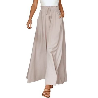 OBEEII Chiffon Pants for Women Dressy Pants Boho Flowy Wide Leg Casual Palazzo Trousers Beige M