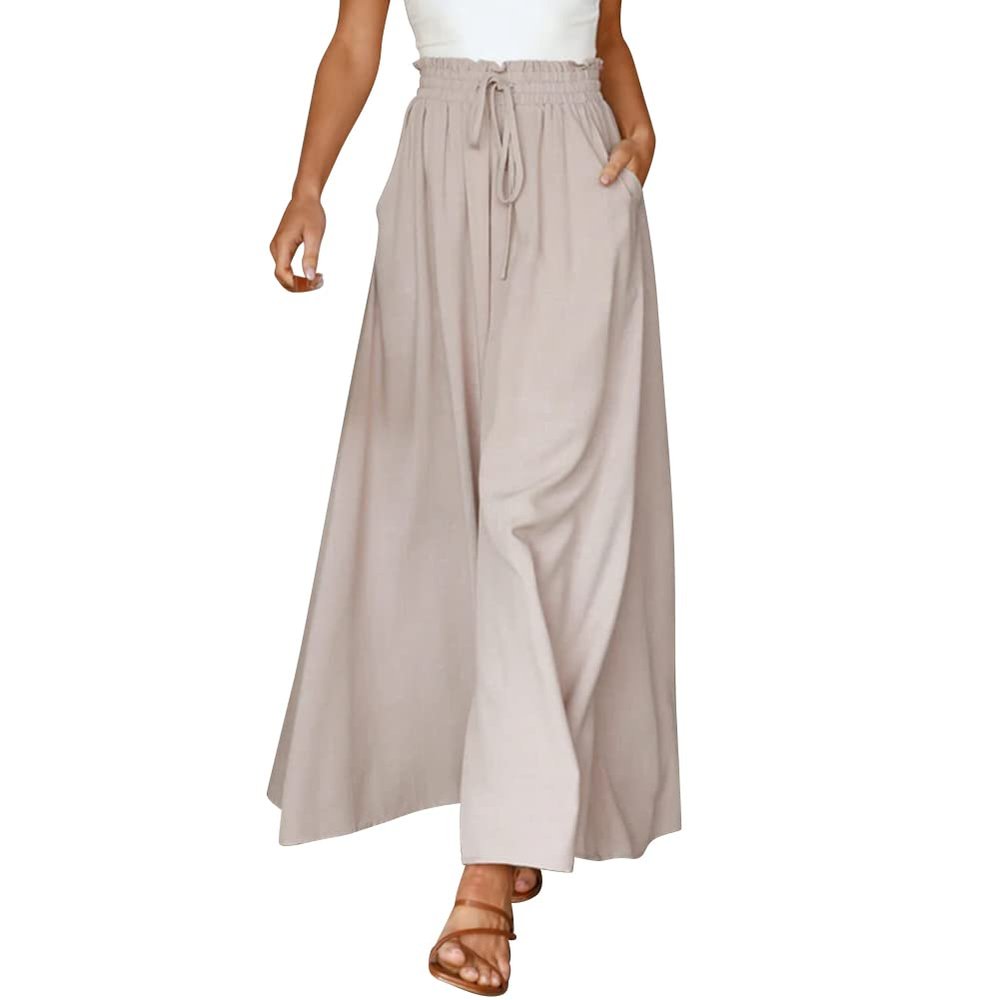 OBEEII Chiffon Pants for Women Dressy Pants Boho Flowy Wide Leg Casual Palazzo Trousers Beige M