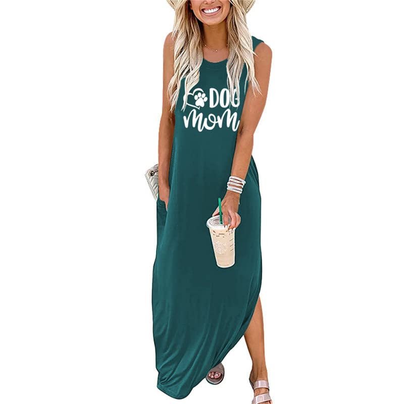 ADANTI Summer Dog Mom Dresses for Women 2023 Letter Paw Graphic Print Dress Casual Sleeveless Maxi Beach Sundress Light Green