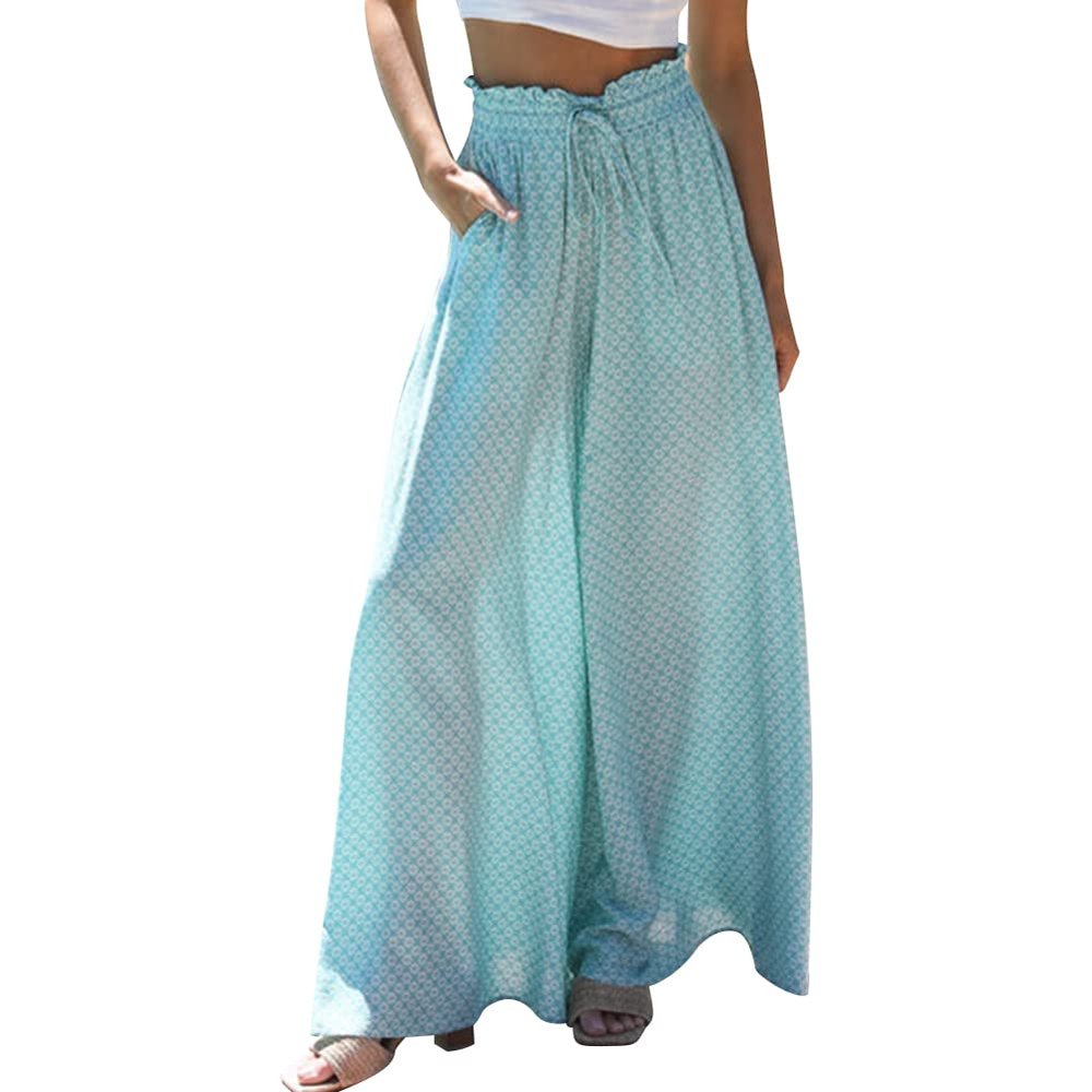 OBEEII Chiffon Wide Leg Pants for Women High Waisted Dress Pants Elastic Waist Casual Trousers Light Green 2XL