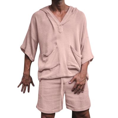 2 Piece Men Summer Sets Linen Cotton Blend 3/4 Sleeves Hoodies Top and Drawstring Shorts Pajamas Comfy Beach Outfits,Pink,3XL