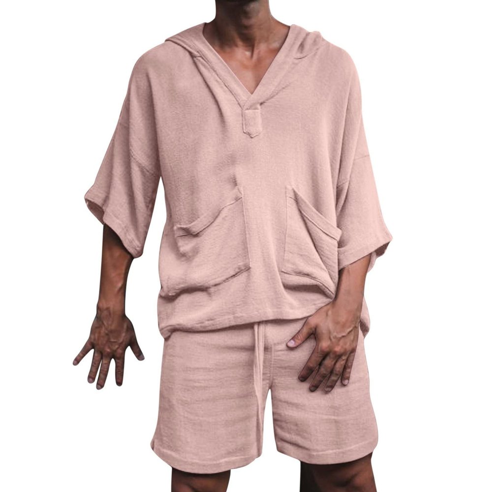 2 Piece Men Summer Sets Linen Cotton Blend 3/4 Sleeves Hoodies Top and Drawstring Shorts Pajamas Comfy Beach Outfits,Pink,3XL