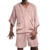 2 Piece Men Summer Sets Linen Cotton Blend 3/4 Sleeves Hoodies Top and Drawstring Shorts Pajamas Comfy Beach Outfits,Pink,3XL view 1