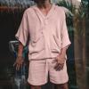 2 Piece Men Summer Sets Linen Cotton Blend 3/4 Sleeves Hoodies Top and Drawstring Shorts Pajamas Comfy Beach Outfits,Pink,3XL view 2