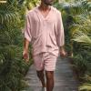 2 Piece Men Summer Sets Linen Cotton Blend 3/4 Sleeves Hoodies Top and Drawstring Shorts Pajamas Comfy Beach Outfits,Pink,3XL view 3