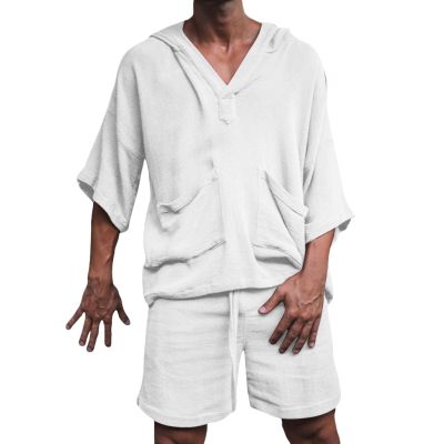 2 Piece Men Summer Sets Linen Cotton Blend 3/4 Sleeves Hoodies Top and Drawstring Shorts Pajamas Comfy Beach Outfits,White,3XL