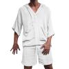 2 Piece Men Summer Sets Linen Cotton Blend 3/4 Sleeves Hoodies Top and Drawstring Shorts Pajamas Comfy Beach Outfits,White,3XL