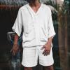 2 Piece Men Summer Sets Linen Cotton Blend 3/4 Sleeves Hoodies Top and Drawstring Shorts Pajamas Comfy Beach Outfits,White,3XL view 2
