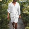 2 Piece Men Summer Sets Linen Cotton Blend 3/4 Sleeves Hoodies Top and Drawstring Shorts Pajamas Comfy Beach Outfits,White,3XL view 3