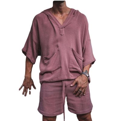 2 Piece Men Summer Sets Linen Cotton Blend 3/4 Sleeves Hoodies Top and Drawstring Shorts Pajamas Comfy Beach Outfits,Dark Pink,XXL