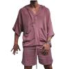 2 Piece Men Summer Sets Linen Cotton Blend 3/4 Sleeves Hoodies Top and Drawstring Shorts Pajamas Comfy Beach Outfits,Dark Pink,XXL view 1