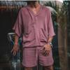 2 Piece Men Summer Sets Linen Cotton Blend 3/4 Sleeves Hoodies Top and Drawstring Shorts Pajamas Comfy Beach Outfits,Dark Pink,XXL view 2