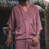 2 Piece Men Summer Sets Linen Cotton Blend 3/4 Sleeves Hoodies Top and Drawstring Shorts Pajamas Comfy Beach Outfits,Dark Pink,XXL view 3