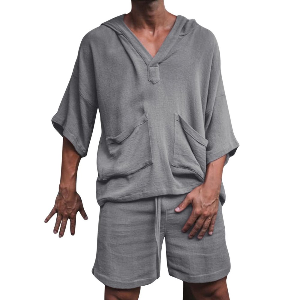 2 Piece Men Summer Sets Linen Cotton Blend 3/4 Sleeves Hoodies Top and Drawstring Shorts Pajamas Comfy Beach Outfits,Grey,XXL