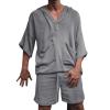 2 Piece Men Summer Sets Linen Cotton Blend 3/4 Sleeves Hoodies Top and Drawstring Shorts Pajamas Comfy Beach Outfits,Grey,XXL view 1