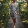 2 Piece Men Summer Sets Linen Cotton Blend 3/4 Sleeves Hoodies Top and Drawstring Shorts Pajamas Comfy Beach Outfits,Grey,XXL view 3