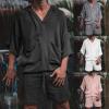 2 Piece Men Summer Sets Linen Cotton Blend 3/4 Sleeves Hoodies Top and Drawstring Shorts Pajamas Comfy Beach Outfits,Grey,XXL view 4