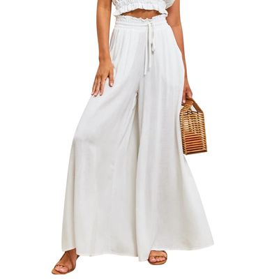 OBEEII Womens High Waist Chiffon Pants Boho Flowy Wide Leg Casual Palazzo Trousers White 2XL