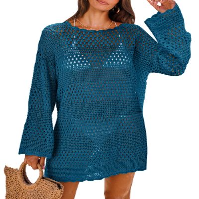 ANRABESS Women Swimsuit Crochet Swim Cover Up 2026 Summer Bathing Suit Swimwear Mesh Knit Beach Dress Vacation Outfits Cyan Small