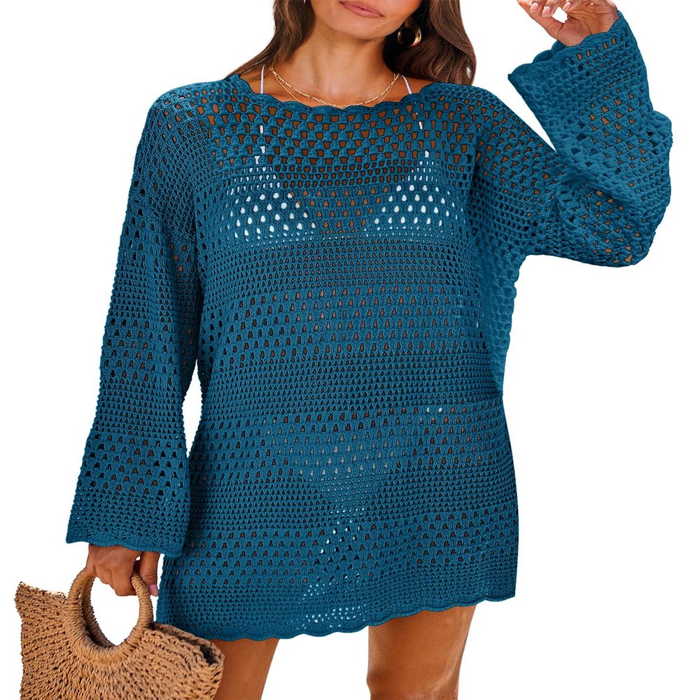 ANRABESS Women Swimsuit Crochet Swim Cover Up 2026 Summer Bathing Suit Swimwear Mesh Knit Beach Dress Vacation Outfits Cyan Small