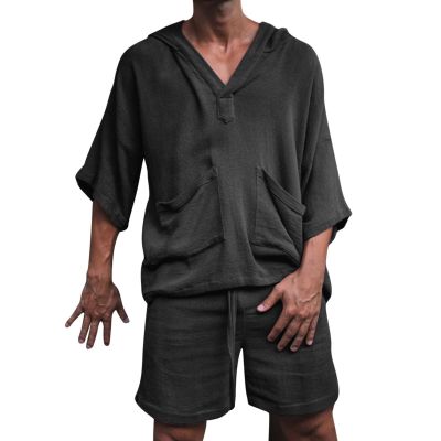 2 Piece Men Summer Sets Linen Cotton Blend 3/4 Sleeves Hoodies Top and Drawstring Shorts Pajamas Comfy Beach Outfits,Black,3XL