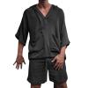 2 Piece Men Summer Sets Linen Cotton Blend 3/4 Sleeves Hoodies Top and Drawstring Shorts Pajamas Comfy Beach Outfits,Black,3XL