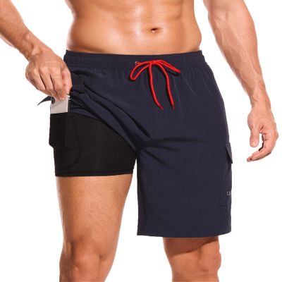 SILKWORLD Mens Swimming Trunks with Compression Liner 2 in 1 Swimming Shorts Quick Dry Bathing Suits with Cargo Pockets (Navy, Medium)