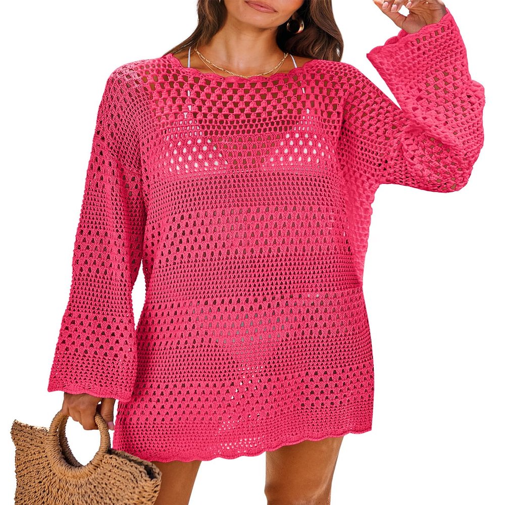 ANRABESS Women Swimsuit Crochet Swim Cover Up 2026 Summer Bathing Suit Swimwear Mesh Knit Beach Dress Vacation Outfits Rose Medium