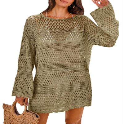 ANRABESS Women Swimsuit Crochet Swim Cover Up 2026 Summer Bathing Suit Swimwear Mesh Knit Beach Dress Vacation Outfits Khaki Large