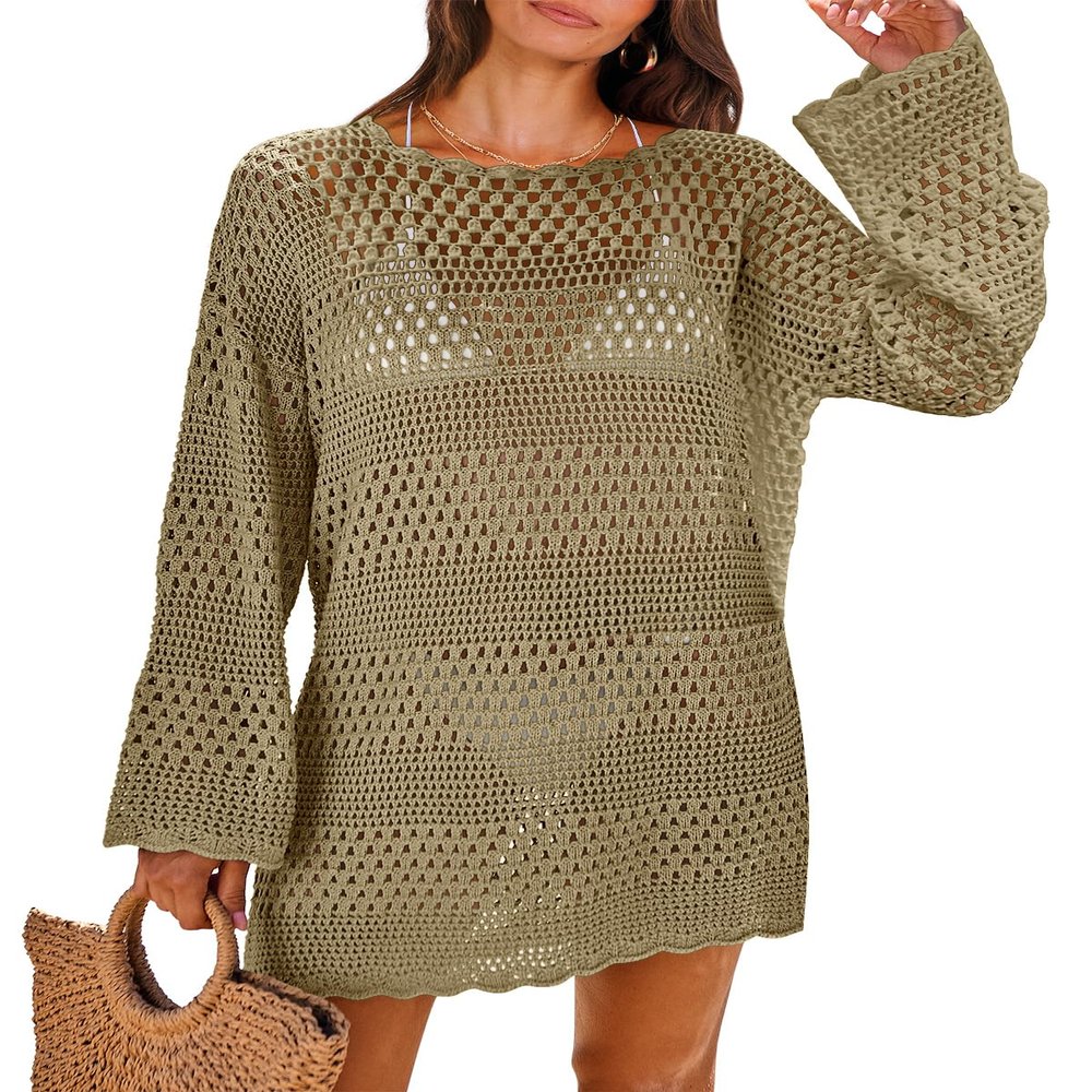 ANRABESS Women Swimsuit Crochet Swim Cover Up 2026 Summer Bathing Suit Swimwear Mesh Knit Beach Dress Vacation Outfits Khaki Large