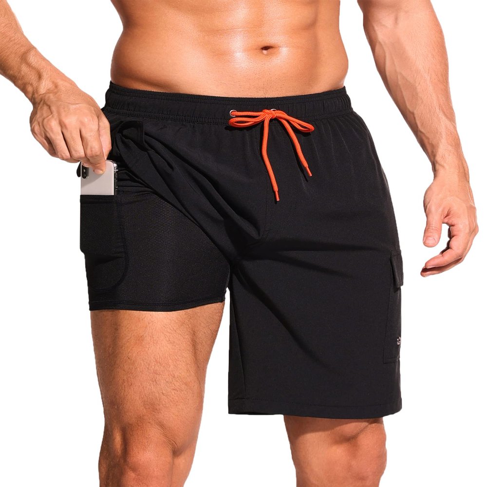 SILKWORLD Men's Swim Trunks with Compression Liner Quick Dry Bathing Suits 9 Inch Swimming Shorts with Cargo Pockets (Black, Medium)