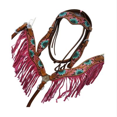 Western Horse Headstall Bridle Breast Collar Tack Set with Fringes Leather Floral Tooled Handmade Full Cob Pony Breastplate ME-HBC-022C (Cob)