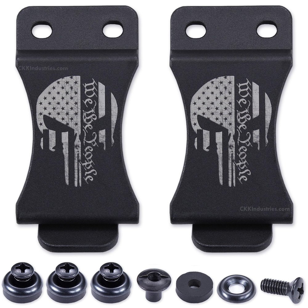 KYDEX Belt Clip for Holsters & Sheaths (w/Punisher Skull - We The People) - (Fits 1.75in Belts) - (Inside-The-Waistband/IWB) - (USA Made) - (w/Mounting Hardware) - (2 Pack)