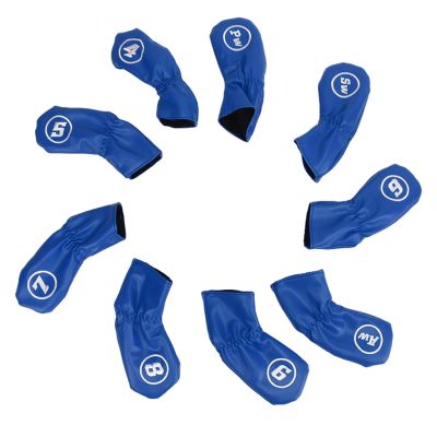 9Pcs Golf Club Head Covers, Synthetic Leather Golf Irons Headgear, Long Neck Mesh Golf Club Head Cover,Golf Club Head Protector(Blue)
