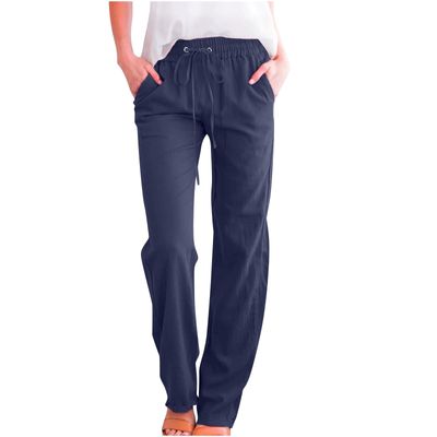 RKSTN Cargo Pants Women High Waisted Wide Leg Pants for Women Casual Drawstring Elastic Trousers with Pockets Cotton Linen Long Straight Pants 2024