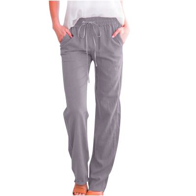 RKSTN Womens Cargo Pants High Waisted Wide Leg Pants for Women Casual Drawstring Elastic Trousers with Pockets Cotton Linen Long Straight Pants 2024