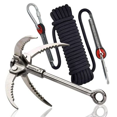 Grappling Hook with 10m Rope  Multifunctional QUADPALM Grapple Hook - 2 Locking carabiners - 4 Stainless Steel Folding Claws - Heavy Duty - Outdoor Camping Hiking Climbing Equipment (Black Rope)
