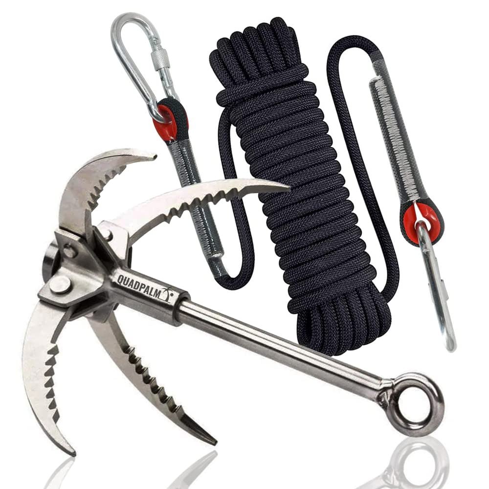 Grappling Hook with 10m Rope  Multifunctional QUADPALM Grapple Hook - 2 Locking carabiners - 4 Stainless Steel Folding Claws - Heavy Duty - Outdoor Camping Hiking Climbing Equipment (Black Rope)