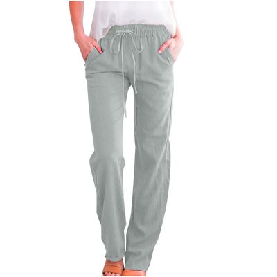 RKSTN Womens Cargo Pants High Waisted Wide Leg Pants for Women Casual Drawstring Elastic Trousers with Pockets Cotton Linen Long Straight Pants 2024