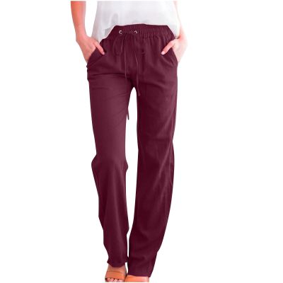 RKSTN Cargo Pants Women High Waisted Wide Leg Pants for Women Casual Drawstring Elastic Trousers with Pockets Cotton Linen Long Straight Pants 2024