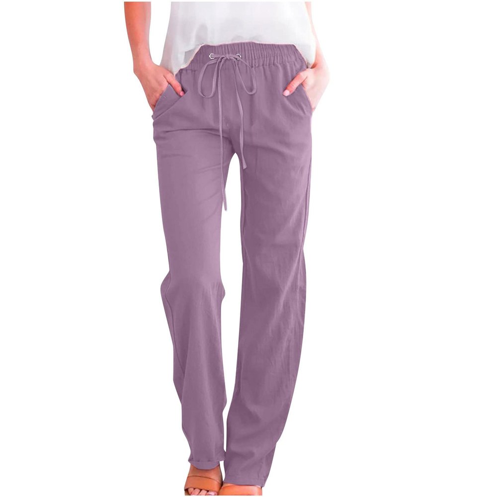 RKSTN Linen Pants for Women High Waisted Wide Leg Pants for Women Casual Drawstring Elastic Trousers with Pockets Cotton Linen Long Straight Pants 2024