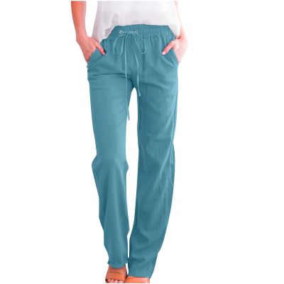 RKSTN Linen Pants for Women High Waisted Wide Leg Pants for Women Casual Drawstring Elastic Trousers with Pockets Cotton Linen Long Straight Pants 2024
